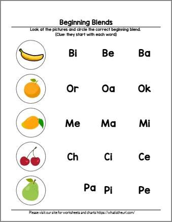 Beginning blends worksheet 11 - circle the blend for each picture; choices include ch, gr