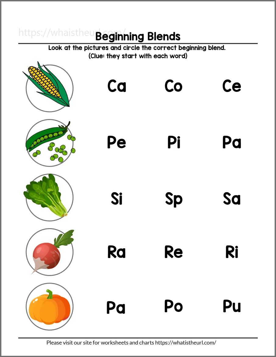 Beginning blends worksheet 12 - practice page 2; circle the letters each picture starts with