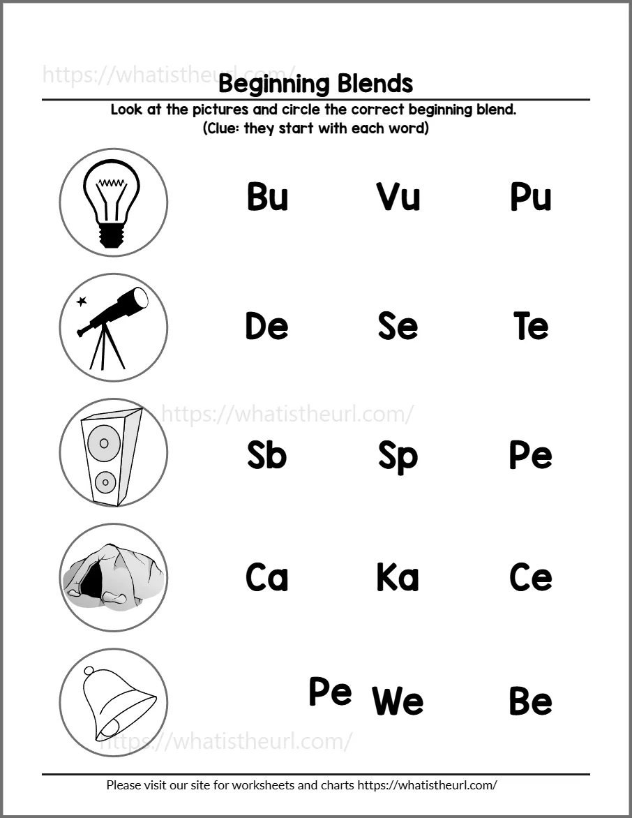 Beginning blends worksheet 1 - practice page 2; choices include gl, dr, cl, tr, wh