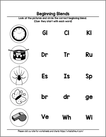Beginning blends worksheet 1 - circle the blend for each picture; choices include gl, dr, cl, tr, wh