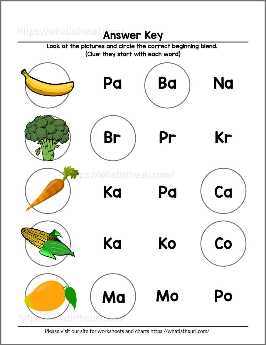 Beginning blends worksheet 2 - answer key for practice page 1