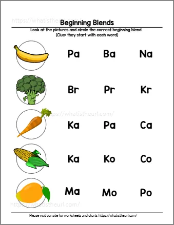 Beginning blends worksheet 2 - circle the blend for each picture; choices include br, pr