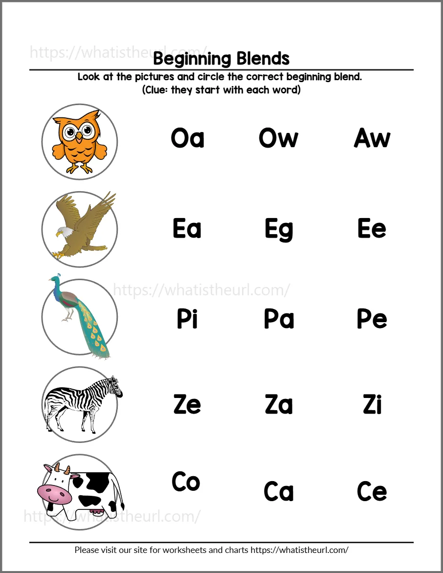 Beginning blends worksheet 3 - practice page 2; circle the letters each picture starts with