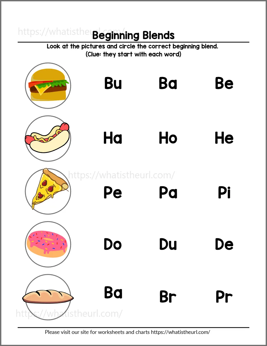 Beginning blends worksheet 4 - practice page 2; choices include gl, sh, br, pr