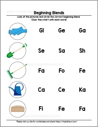 Beginning blends worksheet 4 - circle the blend for each picture; choices include gl, sh, br, pr