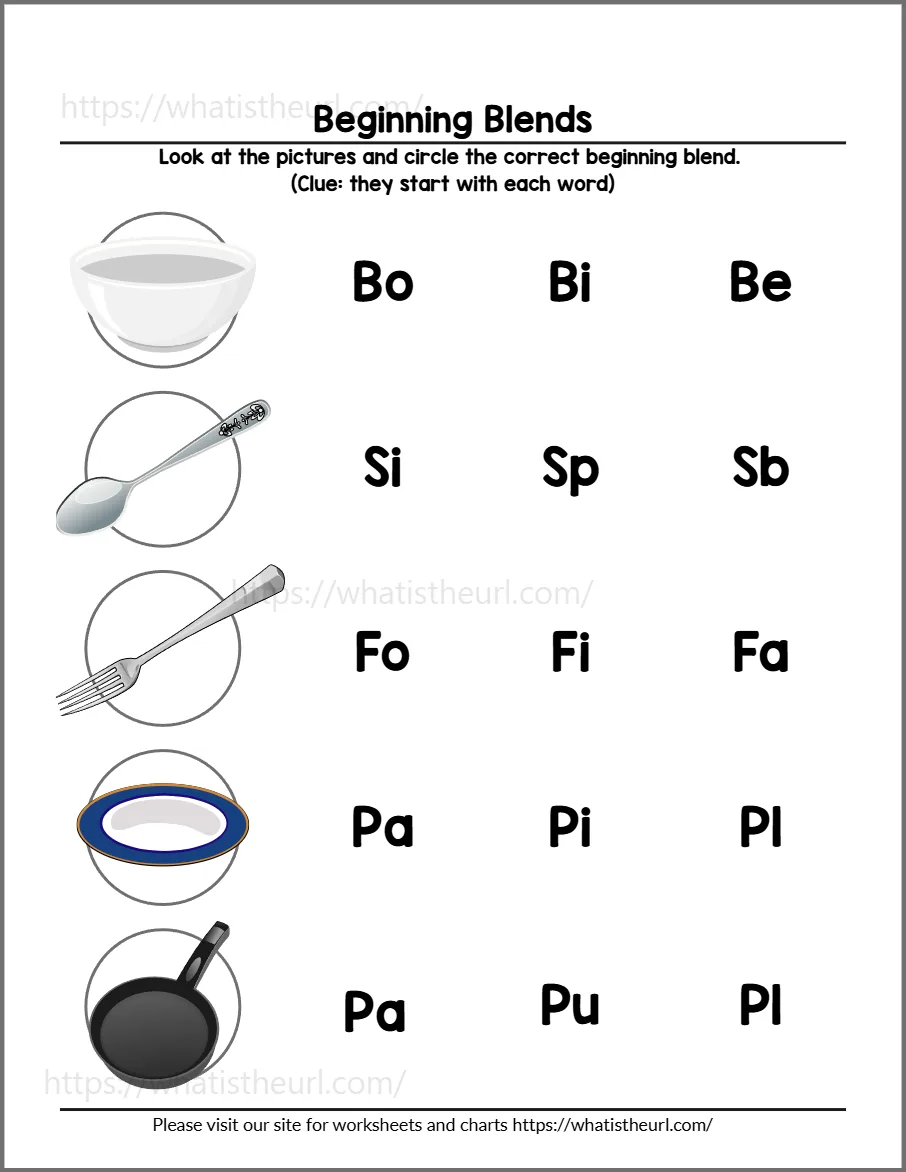 Beginning blends worksheet 5 - practice page 2; choices include sp, pl