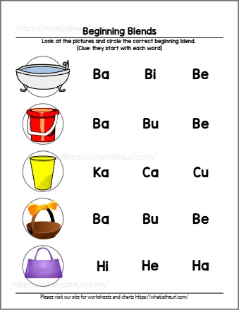 Beginning blends worksheet 5 - circle the blend for each picture; choices include sp, pl