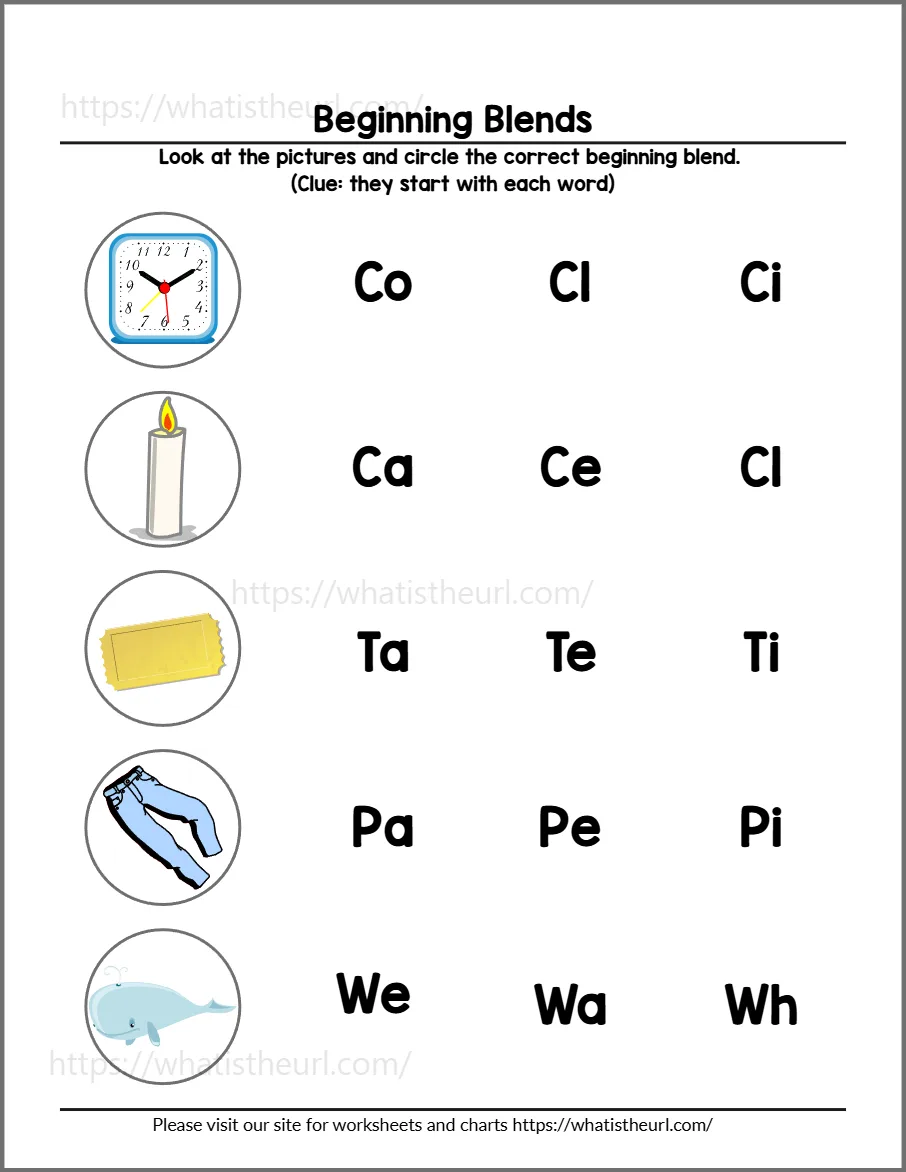 Beginning blends worksheet 6 - practice page 2; choices include fr, cl, wh