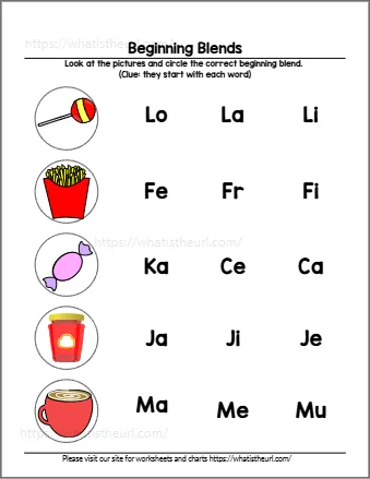Beginning blends worksheet 6 - circle the blend for each picture; choices include fr, cl, wh