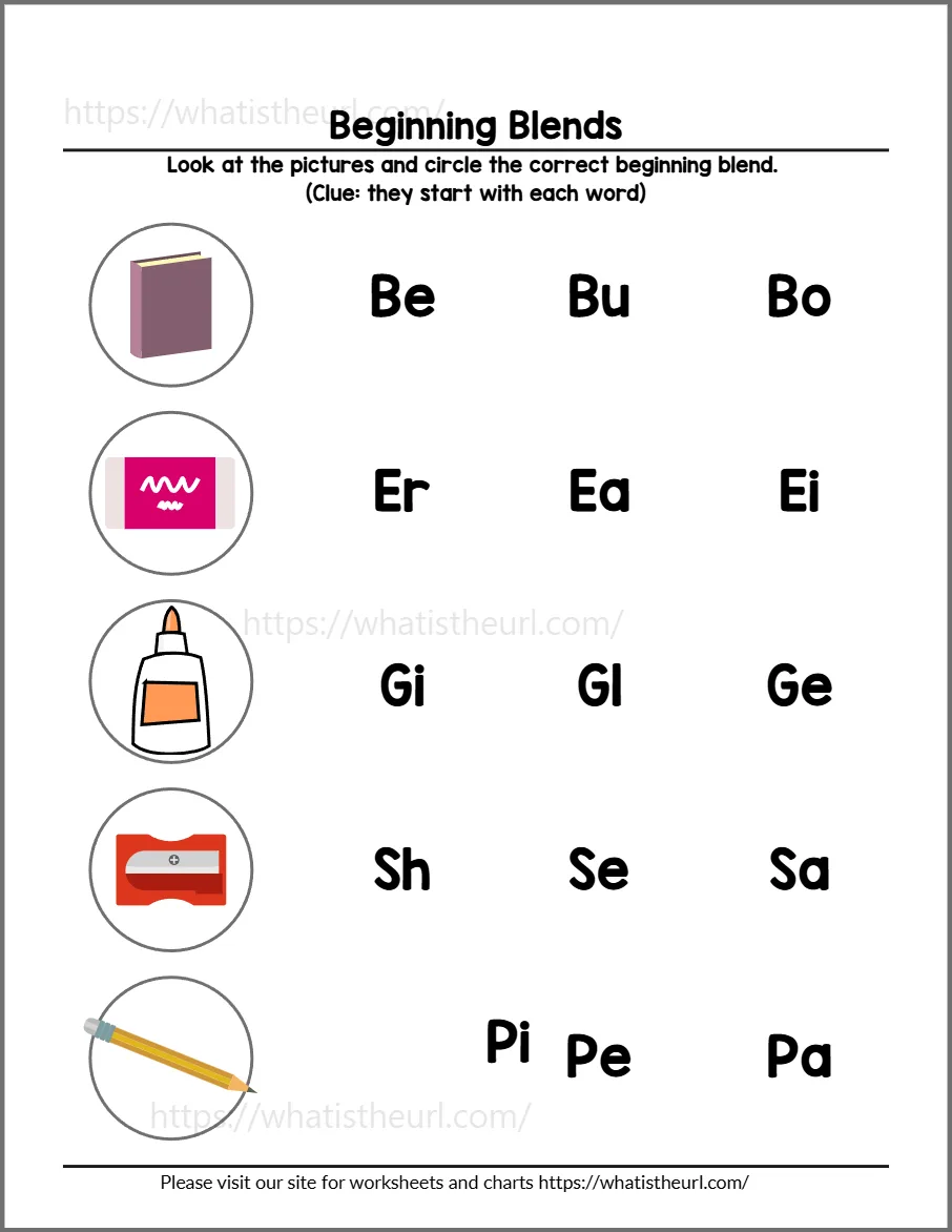 Beginning blends worksheet 7 - practice page 2; choices include cr, ch, sh, gl
