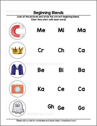 Beginning blends worksheet 7 - circle the blend for each picture; choices include cr, ch, sh, gl