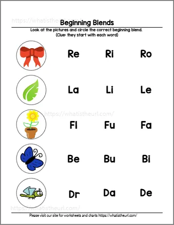 Beginning blends worksheet 8 - circle the blend for each picture; choices include fl, dr, cr, ch