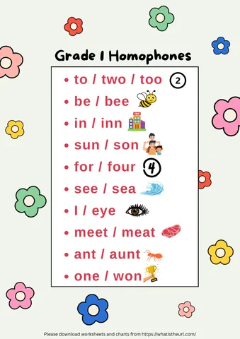Chart on Collective Nouns - download the Grade 1 Homophones Chart in PDF