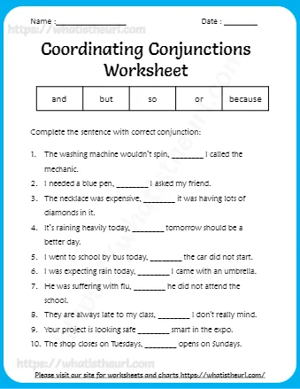 Conjunctions Worksheet For Grade 5