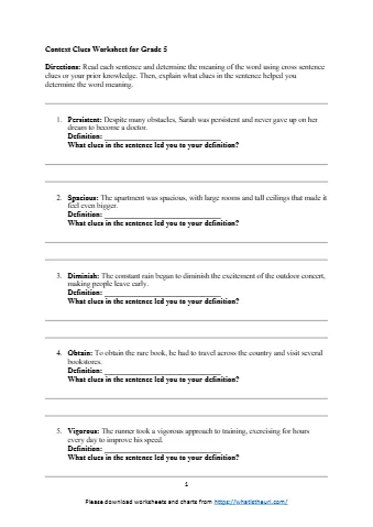 Please Worksheets And Charts From Context Clues Worksheet For Grade 5