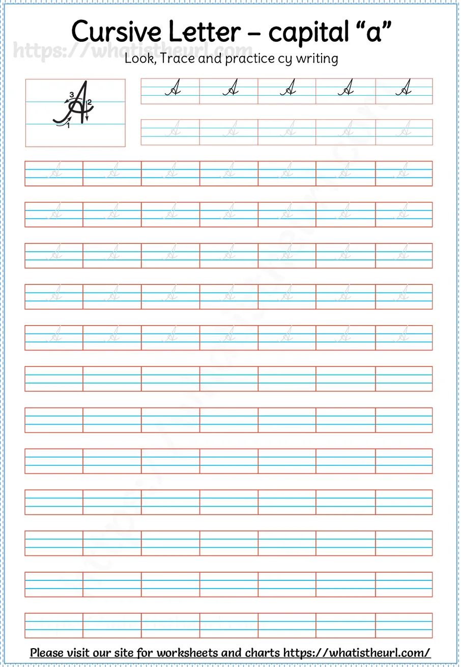 Cursive capital letter A worksheet with stroke order guide, dotted tracing rows and blank practice lines