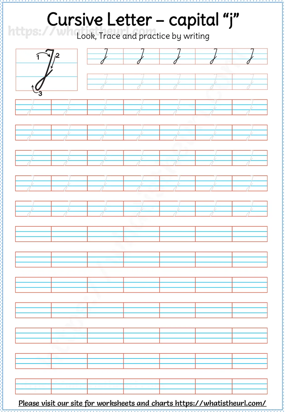 Cursive capital letter J worksheet with stroke order guide, dotted tracing rows and blank practice lines