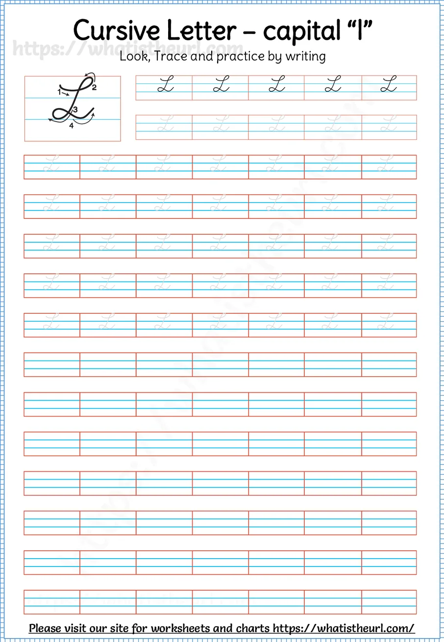 Cursive capital letter L worksheet with stroke order guide, dotted tracing rows and blank practice lines