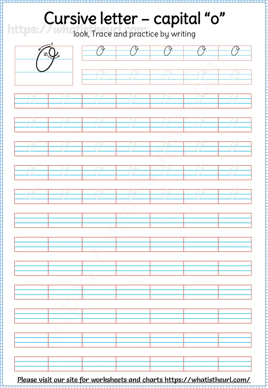 Cursive capital letter O worksheet with stroke order guide, dotted tracing rows and blank practice lines