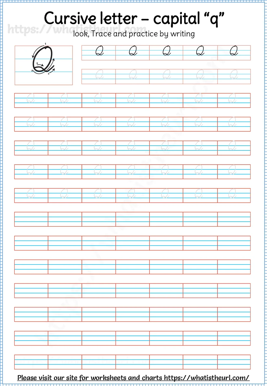 Cursive capital letter Q worksheet with stroke order guide, dotted tracing rows and blank practice lines