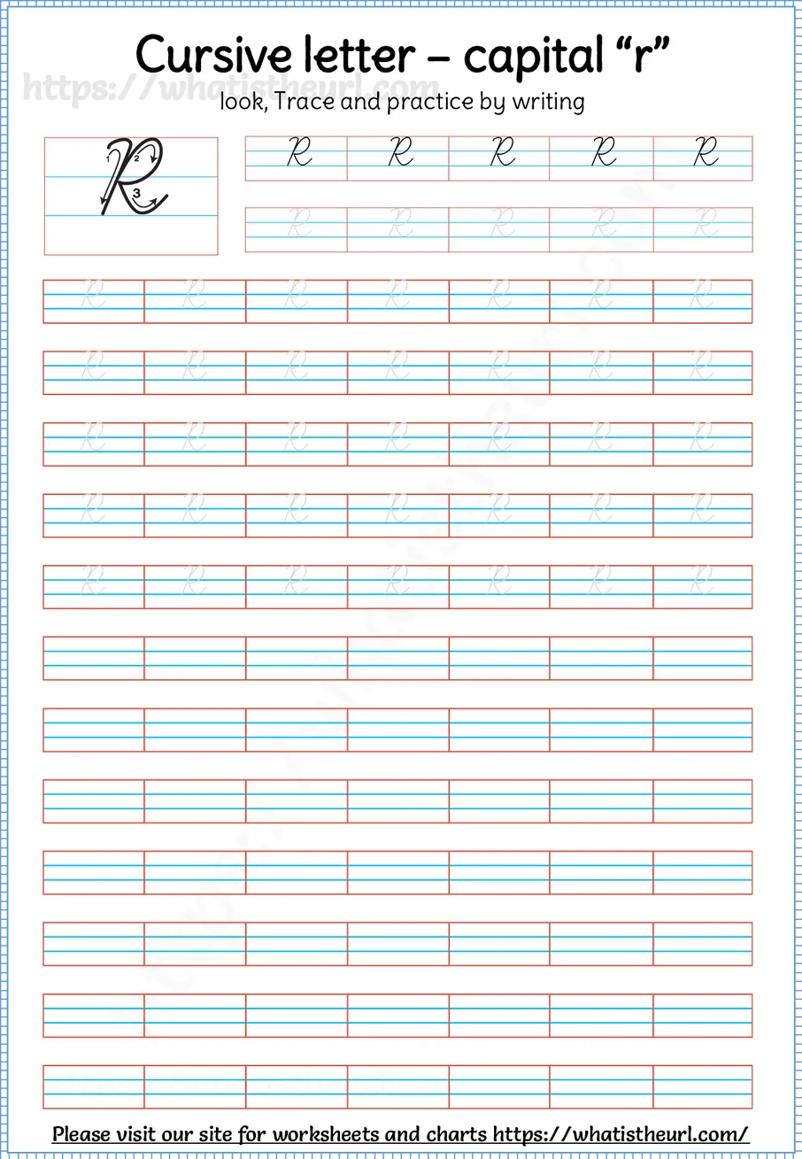 Cursive capital letter R worksheet with stroke order guide, dotted tracing rows and blank practice lines