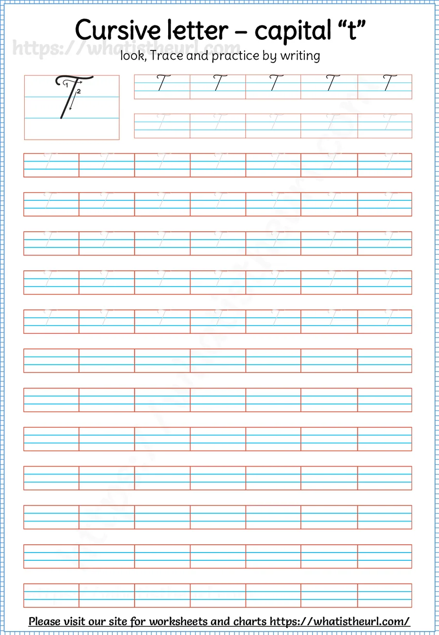 Cursive capital letter T worksheet with stroke order guide, dotted tracing rows and blank practice lines
