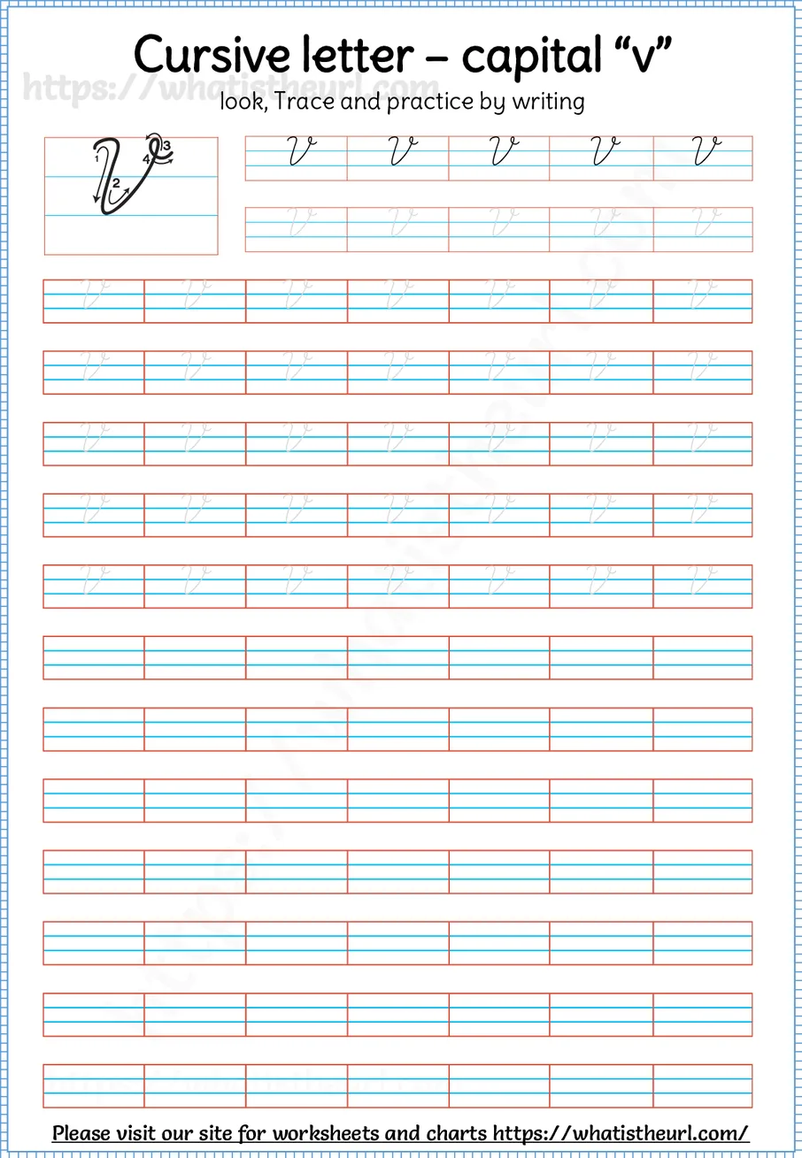 Cursive capital letter V worksheet with stroke order guide, dotted tracing rows and blank practice lines