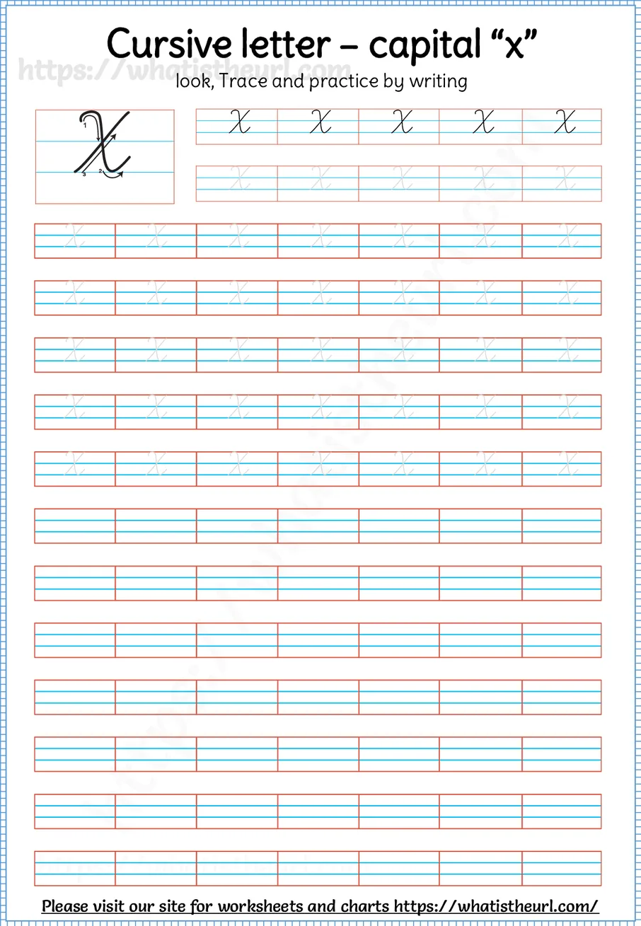 Cursive capital letter X worksheet with stroke order guide, dotted tracing rows and blank practice lines
