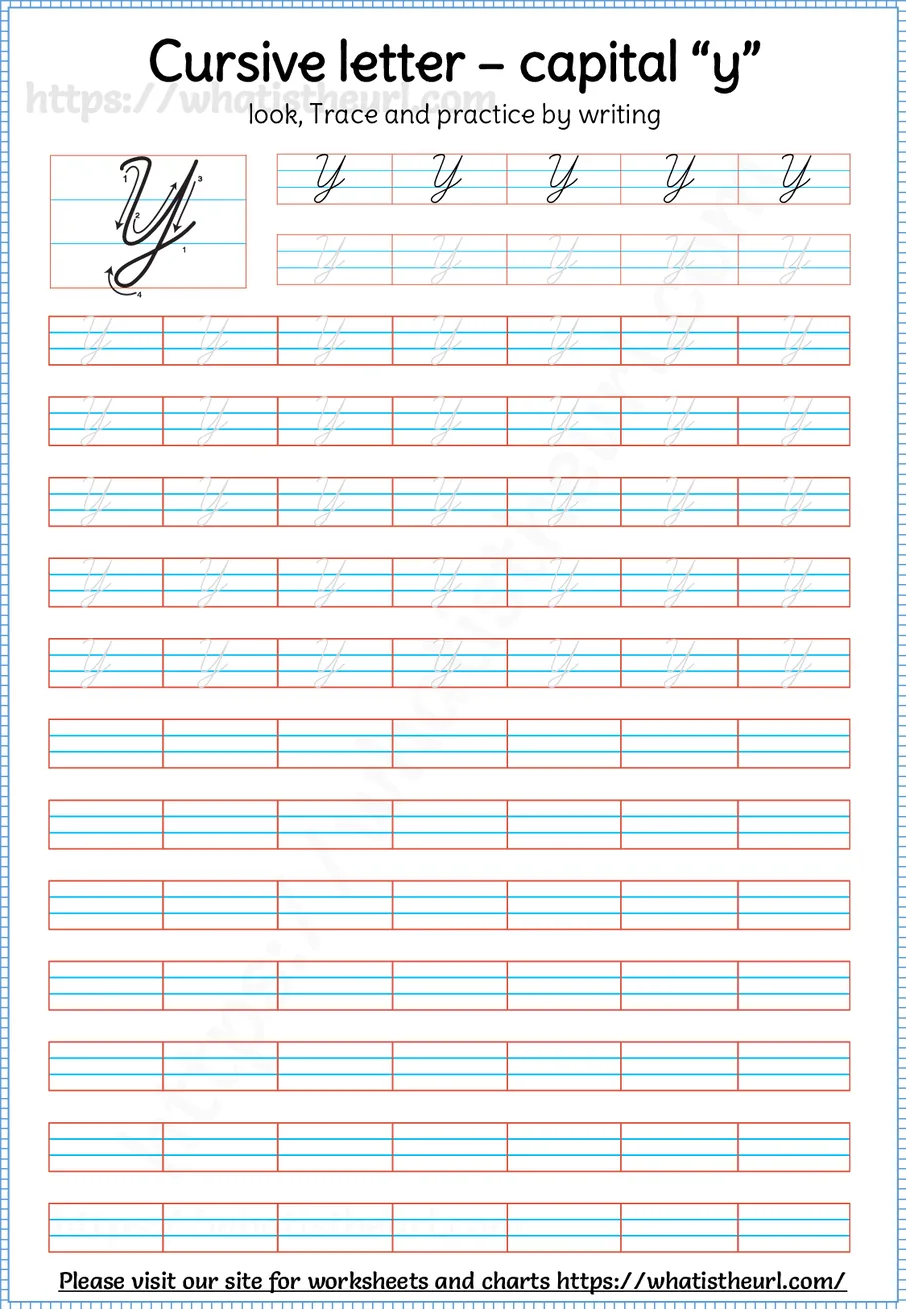 Cursive capital letter Y worksheet with stroke order guide, dotted tracing rows and blank practice lines