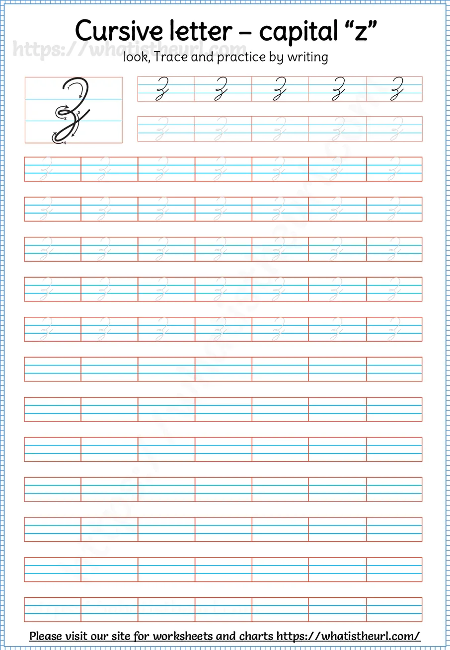 Cursive capital letter Z worksheet with stroke order guide, dotted tracing rows and blank practice lines