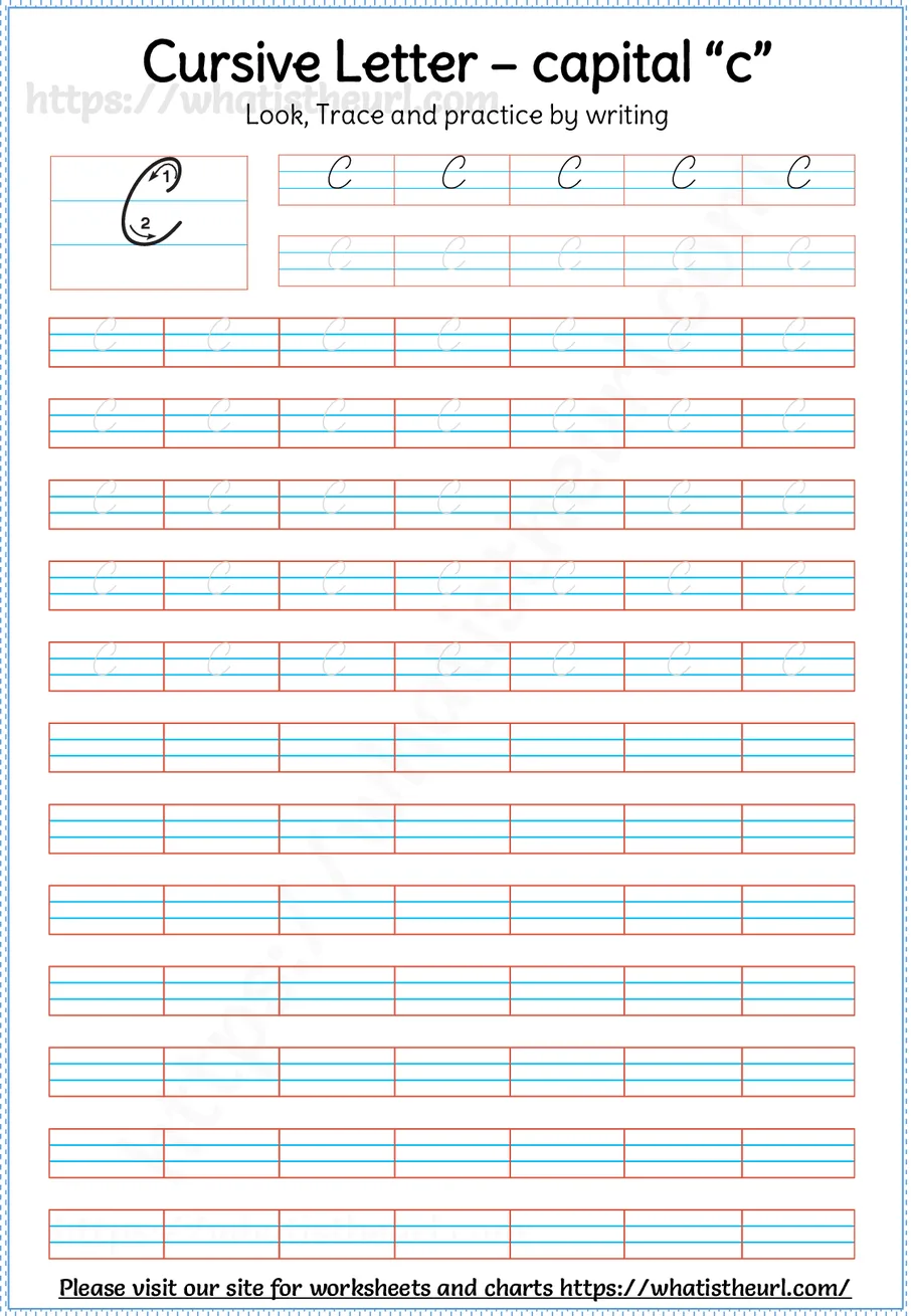 Cursive capital letter C worksheet with stroke order guide, dotted tracing rows and blank practice lines
