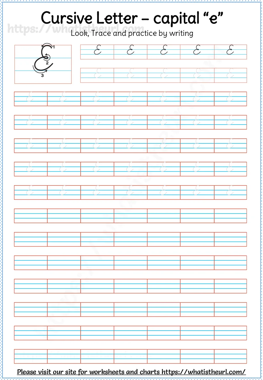 Cursive capital letter E worksheet with stroke order guide, dotted tracing rows and blank practice lines