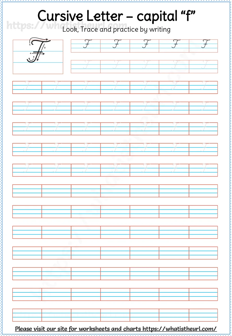 Cursive capital letter F worksheet with stroke order guide, dotted tracing rows and blank practice lines
