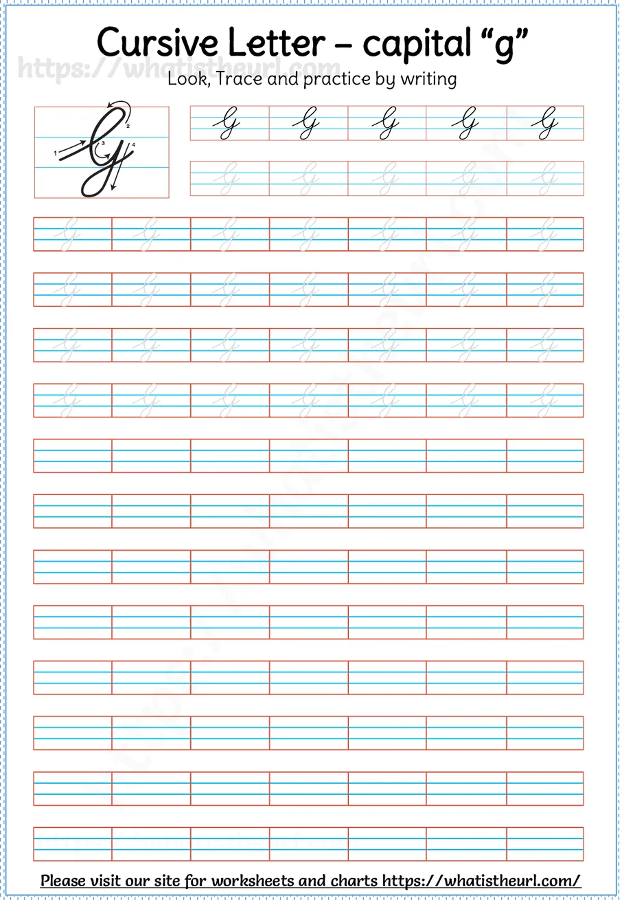 Cursive capital letter G worksheet with stroke order guide, dotted tracing rows and blank practice lines