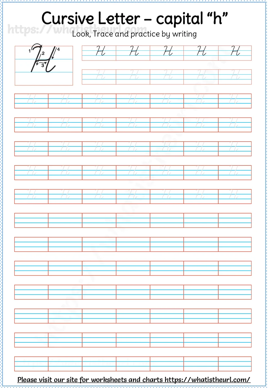 Cursive capital letter H worksheet with stroke order guide, dotted tracing rows and blank practice lines