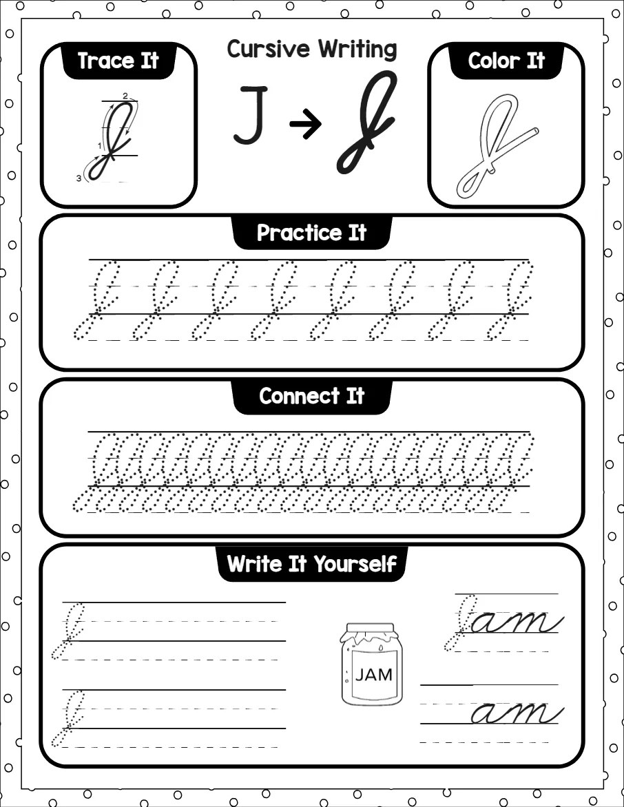Cursive capital letters worksheet for the letter A, showing trace it, color it, practice it, connect it and write it yourself activities