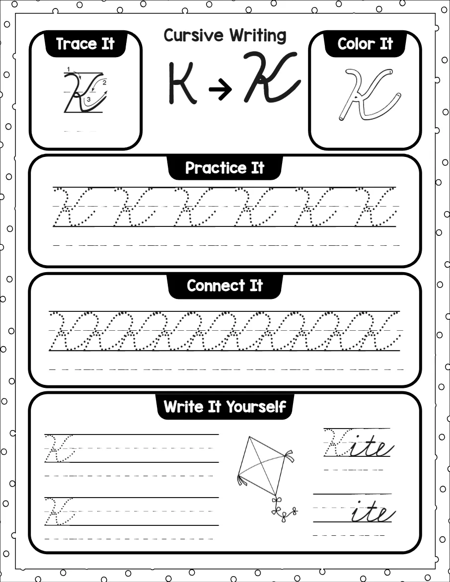 Cursive capital letters worksheet for the letter A, showing trace it, color it, practice it, connect it and write it yourself activities