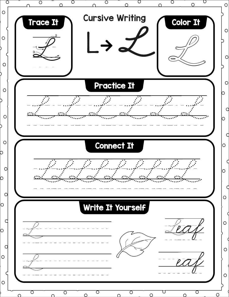 Cursive capital letters worksheet for the letter A, showing trace it, color it, practice it, connect it and write it yourself activities