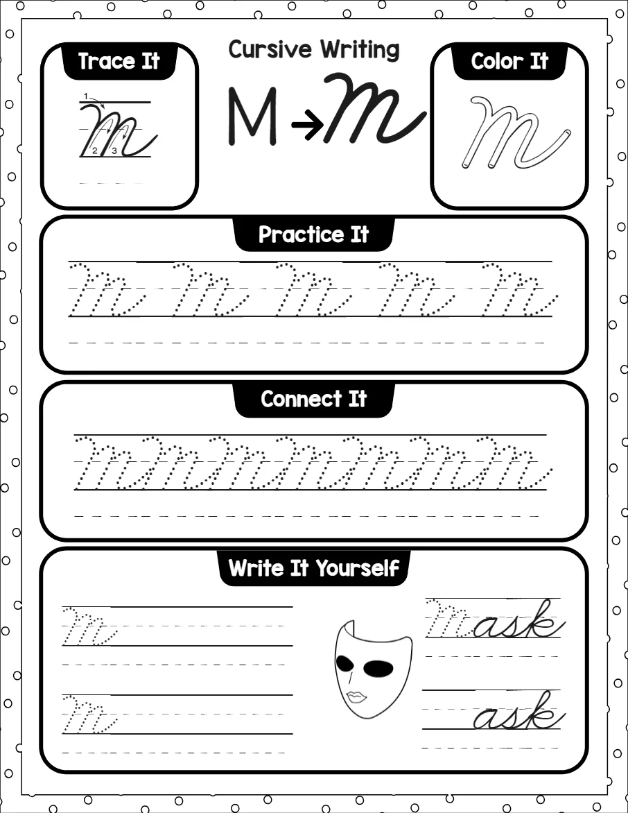 Cursive capital letters worksheet for the letter A, showing trace it, color it, practice it, connect it and write it yourself activities