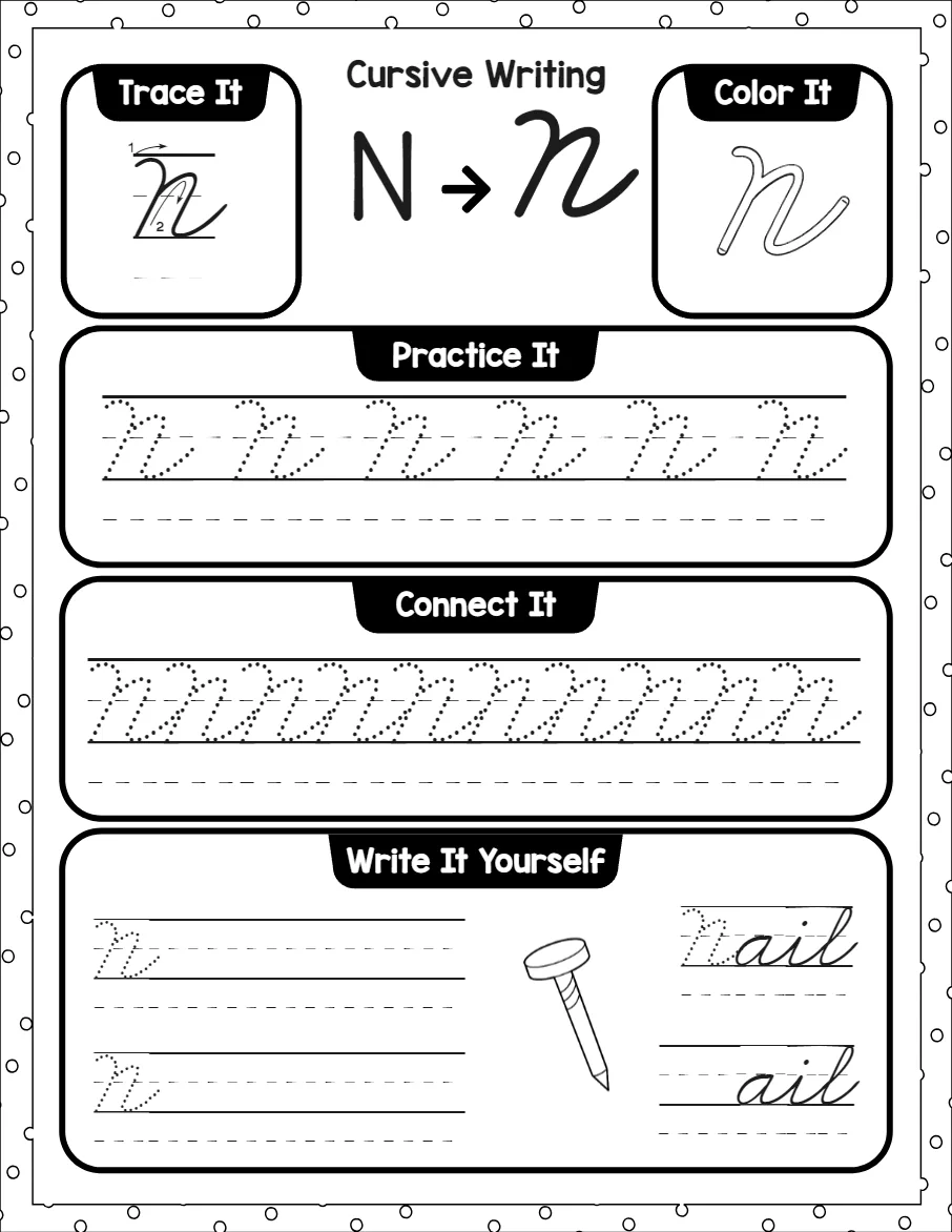 Cursive capital letters worksheet for the letter A, showing trace it, color it, practice it, connect it and write it yourself activities