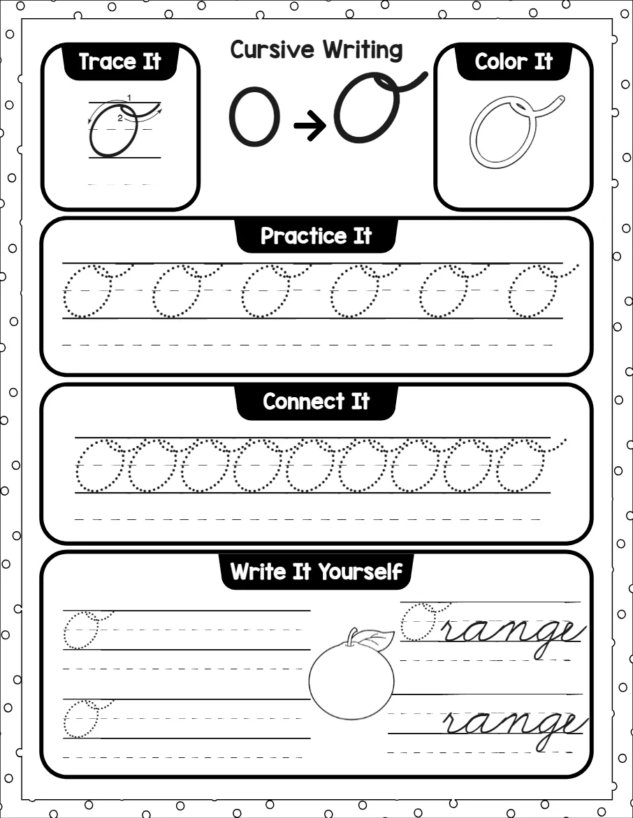 Cursive capital letters worksheet for the letter A, showing trace it, color it, practice it, connect it and write it yourself activities
