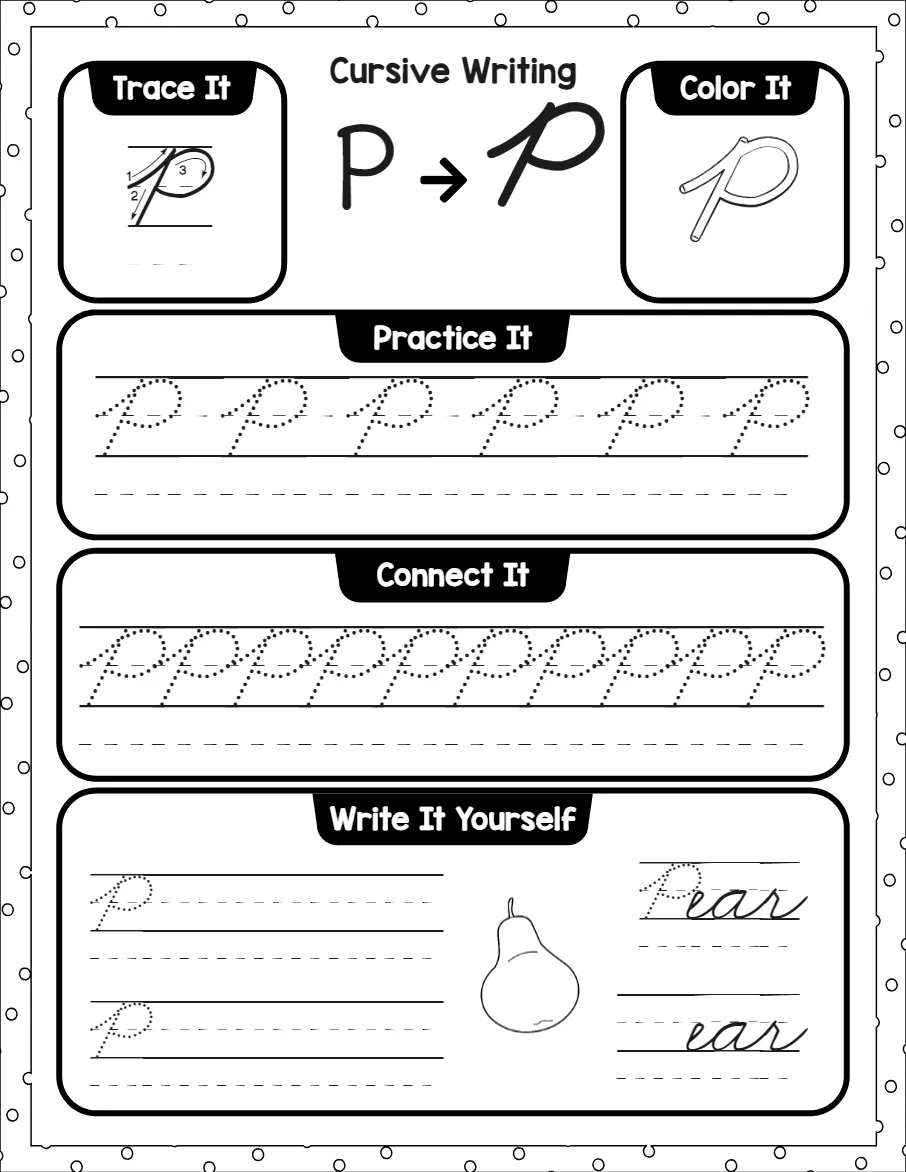Cursive capital letters worksheet for the letter A, showing trace it, color it, practice it, connect it and write it yourself activities