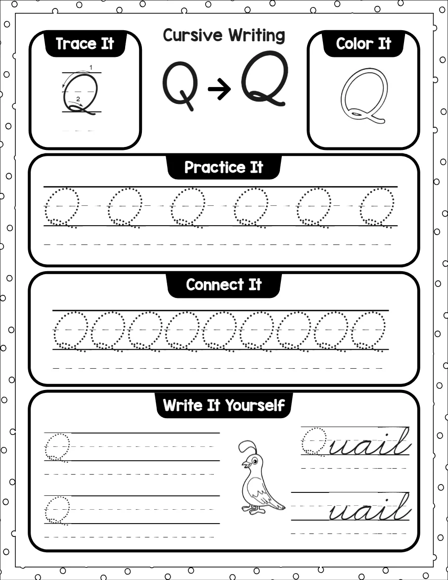 Cursive capital letters worksheet for the letter A, showing trace it, color it, practice it, connect it and write it yourself activities