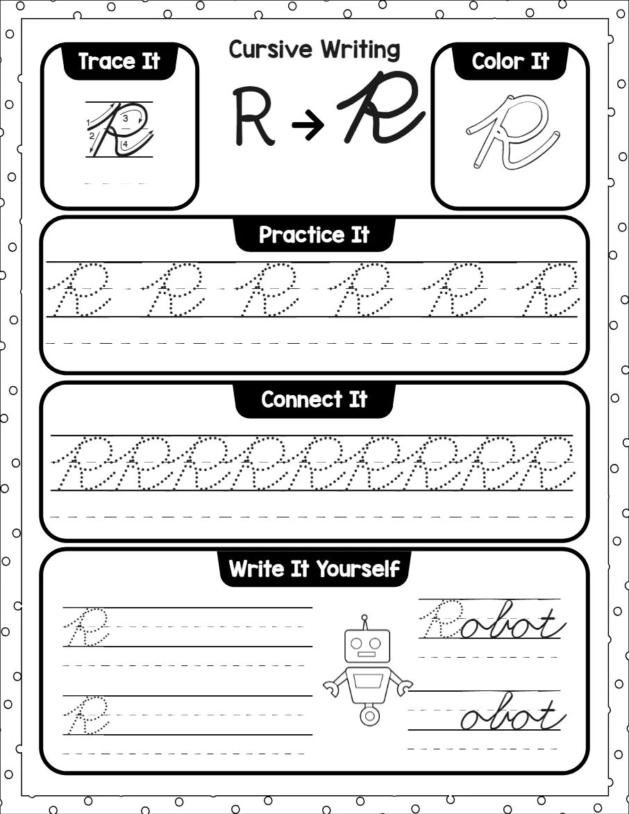 Cursive capital letters worksheet for the letter A, showing trace it, color it, practice it, connect it and write it yourself activities