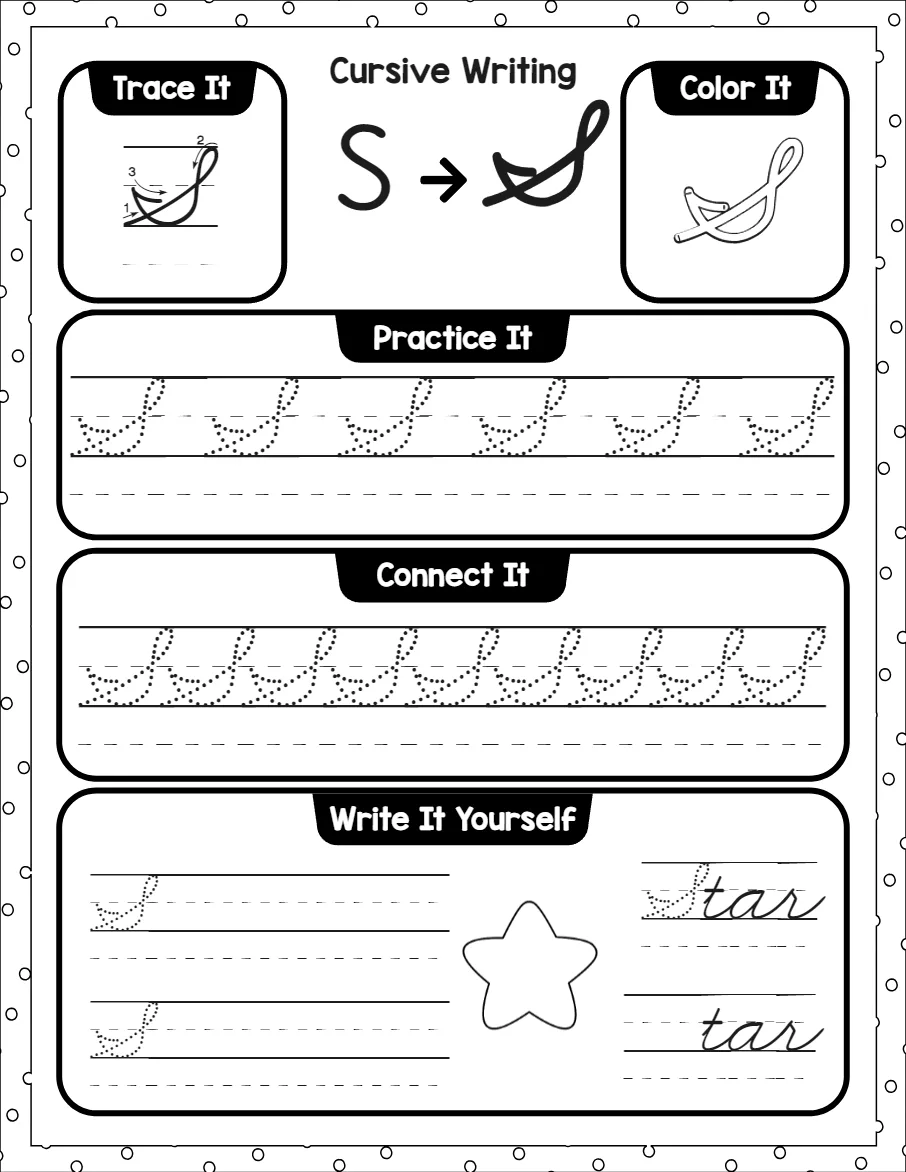 Cursive capital letters worksheet for the letter A, showing trace it, color it, practice it, connect it and write it yourself activities
