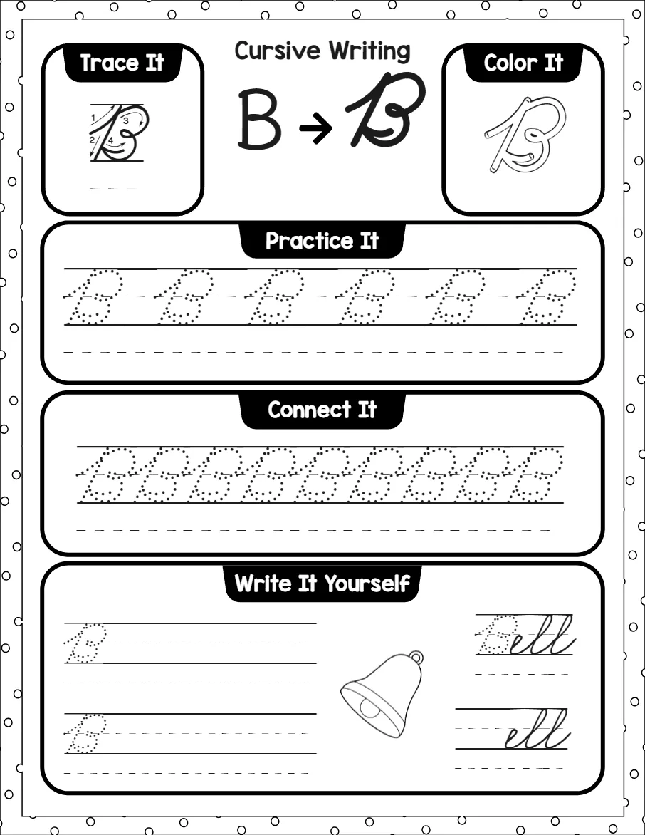 Cursive capital letters worksheet for the letter A, showing trace it, color it, practice it, connect it and write it yourself activities