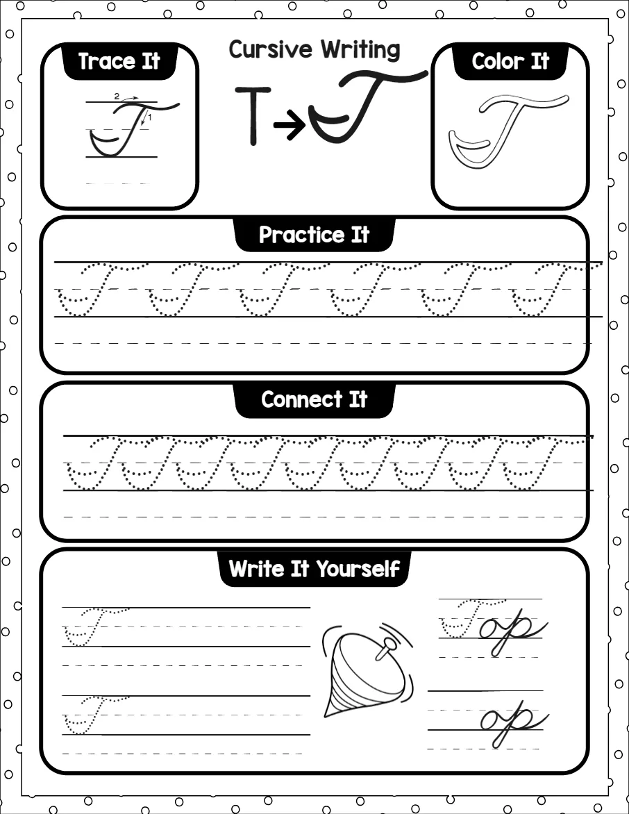 Cursive capital letters worksheet for the letter A, showing trace it, color it, practice it, connect it and write it yourself activities