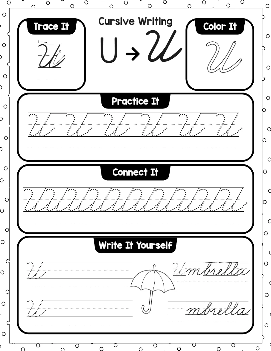 Cursive capital letters worksheet for the letter A, showing trace it, color it, practice it, connect it and write it yourself activities
