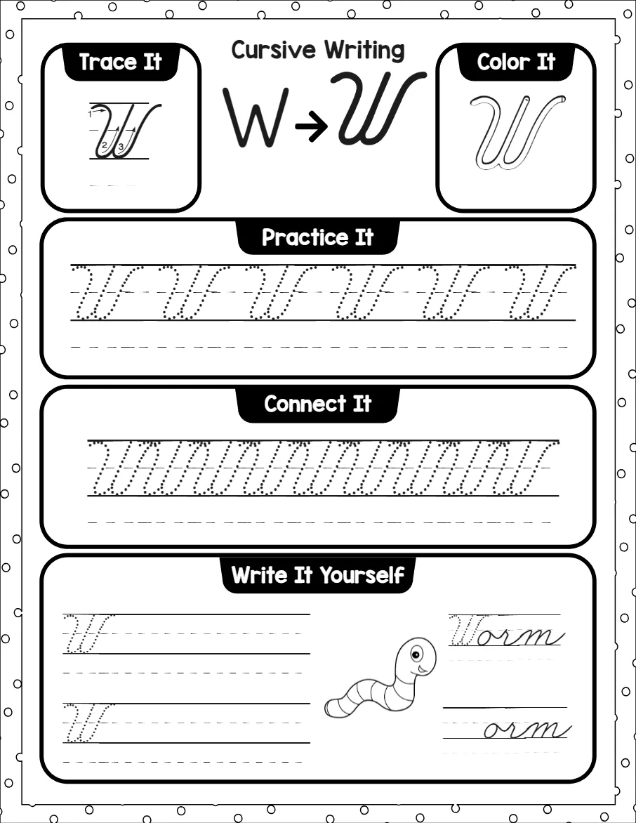 Cursive capital letters worksheet for the letter A, showing trace it, color it, practice it, connect it and write it yourself activities