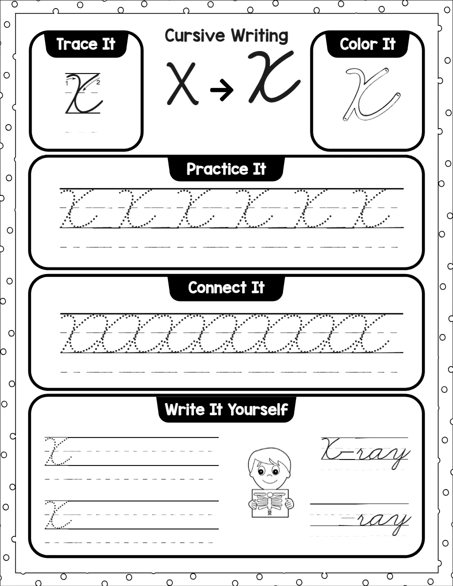 Cursive capital letters worksheet for the letter A, showing trace it, color it, practice it, connect it and write it yourself activities